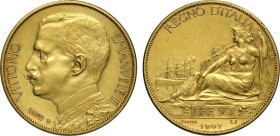 Regno d'Italia, Vittorio Emanuele III (1900-1943), 50 Lire 1907 Prova in rame dorato, RRR Pag-167 Cu 28 mm 8,73 g, SPL-FDC