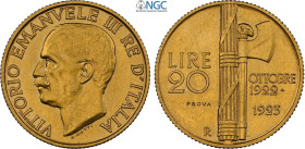Regno d'Italia, Vittorio Emanuele III (1900-1943), 20 Lire 1923 Prova, RRR Pag-188 Au 21 mm 6,45 g, in Slab NGC MS61 (cert. 6635650016 second best gra...