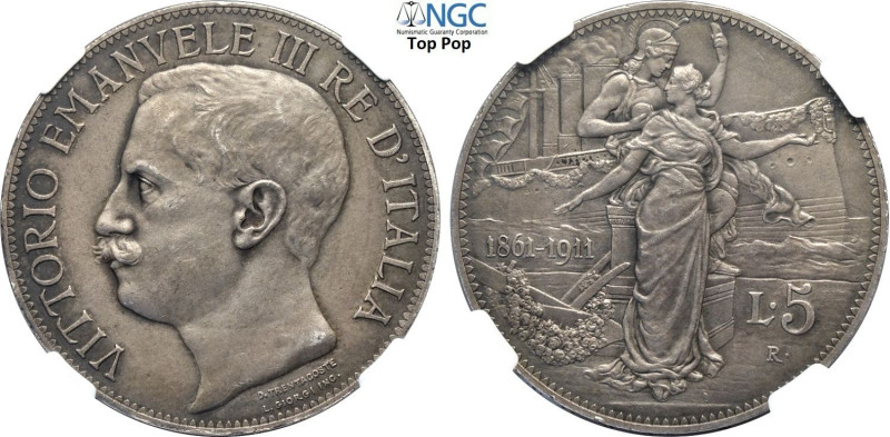 Regno d'Italia, Vittorio Emanuele III (1900-1943), 5 Lire 1911 Prova Sabbiata, s...