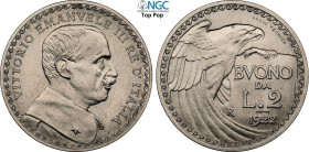 Regno d'Italia, Vittorio Emanuele III (1900-1943), 2 Lire 1922 Prova Tecnica, RRRR Pag-245 Ni 29 mm 10 g, eccezionale, in Slab NGC MS66 Top Pop! (cert...