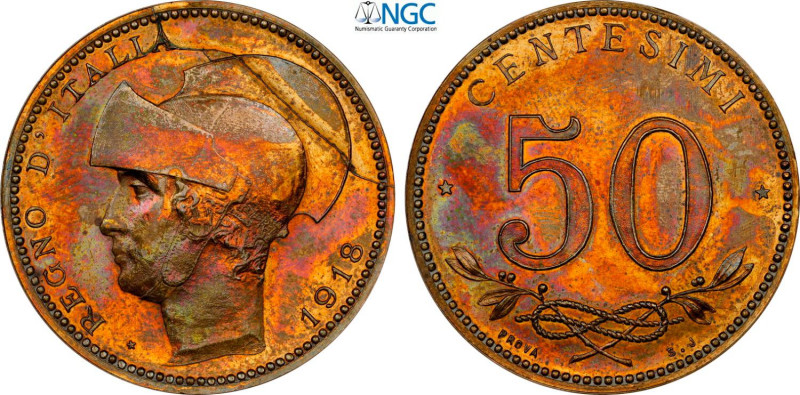 Regno d'Italia, Vittorio Emanuele III (1900-1943), 50 Centesimi 1918 Prova in br...
