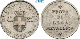 Regno d'Italia, Vittorio Emanuele III (1900-1943), 25 Centesimi 1918 Prova in Argento e Alluminio, RRRR Pag-288 Sim-179b Ag-Cu-Al 17 mm 2,19 g, in Sla...