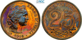Regno d'Italia, Vittorio Emanuele III (1900-1943), 25 Centesimi 1918 Prova in bronzo chiaro, RR Pag-290 Sim-181a Cu 25,3 mm 6,75 g, in Slab NGC UNC-cl...