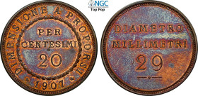 Regno d'Italia, Vittorio Emanuele III (1900-1943), 20 Centesimi 1907 Prova, Rara Pag-304 Cu 29 mm 9,34 g, in Slab NGC PF62 BN Top Pop! (cert. 66435160...