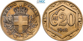 Regno d'Italia, Vittorio Emanuele III (1900-1943), 20 Centesimi 1918 Prova, RRRR Pag-306 Cu-Ni 21,5 mm 3,99 g, prova di rara apparizione sul mercato, ...