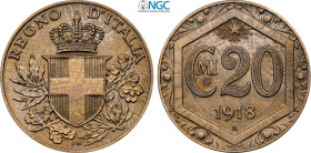 Regno d'Italia, Vittorio Emanuele III (1900-1943), 20 Centesimi 1918 Prova, RRRR Pag-307 Cu-Ni 21,5 mm 4 g, in Slab NGC UNC-cleaned (lieve pulitura)