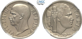Regno d'Italia, Vittorio Emanuele III (1900-1943), 20 Centesimi 1936 Prova, RRR Pag-313 Ni 21,5 mm 4 g, di eccezionale qualità, in Slab NGC MS67 Top P...