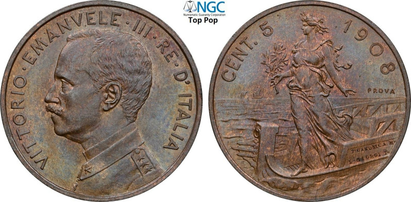 Regno d'Italia, Vittorio Emanuele III (1900-1943), 5 Centesimi 1908 Prova, RRRR ...