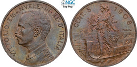 Regno d'Italia, Vittorio Emanuele III (1900-1943), 5 Centesimi 1908 Prova, RRRR Pag-358 Cu 25 mm 5,00 g, In Slab NGC MS64 BN Top Pop! (cert. 664351600...