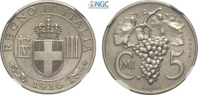 Regno d'Italia, Vittorio Emanuele III (1900-1943), 5 Centesimi 1916 Prova, RRR Pag-363 Ni 17 mm 2 g, in Slab NGC MS65 (cert. 2821722007 second best gr...
