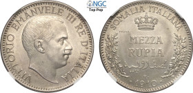 Regno d'Italia, Vittorio Emanuele III Colonia Somalia (1909-1925), Mezza Rupia 1910 Prova sabbiata, RRRR Mont-762 Ag 24 mm 5,83 g, di impareggiabile q...