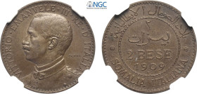 Regno d'Italia, Vittorio Emanuele III Colonia Somalia (1909-1925), 2 Bese 1909 Prova sabbiata, RR Pag-(cfr. 400) Mont-782 Cu 25 mm 5 g, in slab NGC MS...