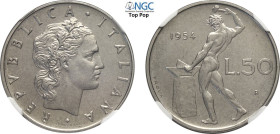 Repubblica Italiana, Monetazione in Lire (1946-2001), 50 Lire 1954 Prova, RRR Pag-715 Ac 24,8 mm, di eccezionale qualità, in Slab NGC MS67 Top Pop! (c...