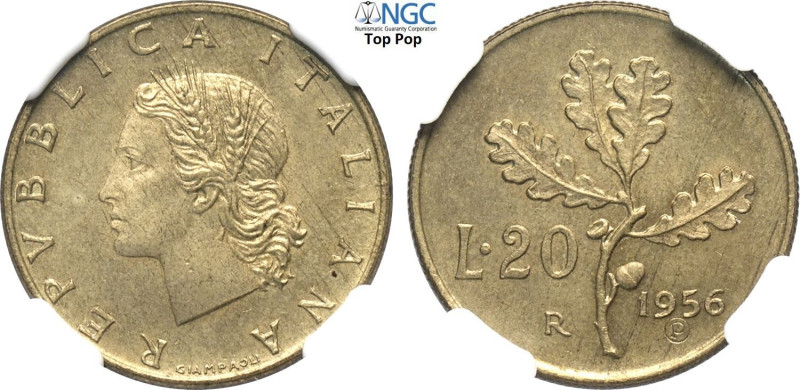 Repubblica Italiana, Monetazione in Lire (1946-2001), 20 Lire 1956 Prova, RR Pag...
