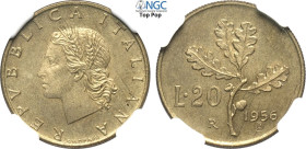 Repubblica Italiana, Monetazione in Lire (1946-2001), 20 Lire 1956 Prova, RR Pag-620 Ba 21,25 mm 3,6 g. In Slab NGC MS64 Top Pop! (cert. 6643289018)