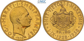 Albania, Ahmet Bey Zogu (1925-1939), 50 Franga Ari 1938, Roma Mint, Mintage: 600, Au 28 mm 16,13 g, in Slab NGC MS64
