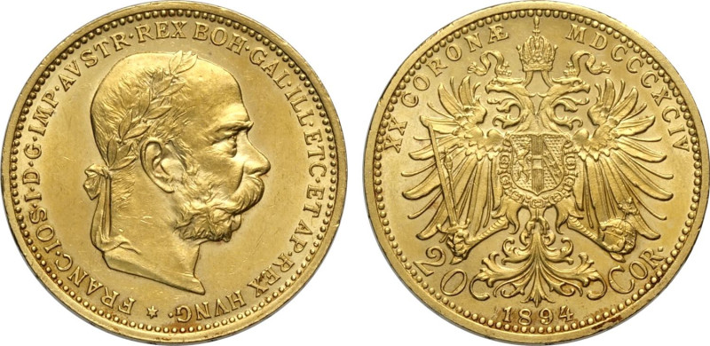 Austria, Franz Joseph I (1848-1916), 20 Corona 1894, Au 21 mm 6,77 g, q.FDC/Proo...