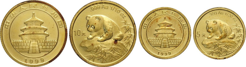 China, People's Republic (1949-), Lot of 2 Gold Panda series 1999: 10 Yuan (1/10...