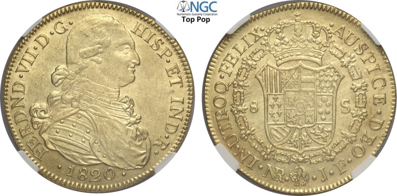 Colombia, Ferdinand VII (1808-1821), 8 Escudos 1820-NR, Nuevo Reino mint, Au 37 ...