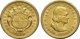 Costa Rica, First Republic (1848-1948), 5 Colones 1899, Au 18 mm 3,87 g, SPL