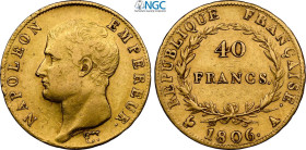 France, Napoleon I (1799-1814), 40 Francs 1806-A, Paris mint, Au 26 mm 12,90 g, in Slab NGC AU55