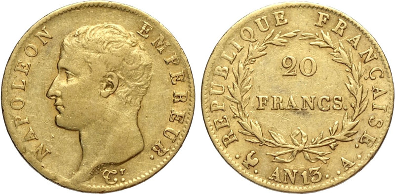 France, Napoleon I (1799-1814), 20 Francs AN 13-A, Paris mint, Au 21 mm 6,42 g, ...
