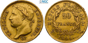 France, Napoleon I (1799-1814), 20 Francs 1809-W, Lille mint, Au 21 mm 6,45 g, in Slab NGC AU55 (cert. 6647437004 second best grade)