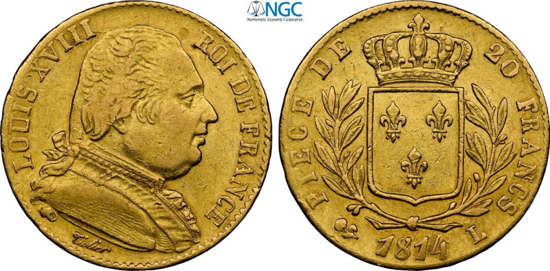 France, Louis XVIII (1814-1824), 20 Francs 1814-L, Bayonne mint, Au 21 mm 6,45 g...