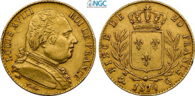 France, Louis XVIII (1814-1824), 20 Francs 1814-Q, Perpignan mint, Au 21 mm 6,45 g, in Slab NGC AU53