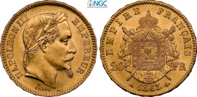 France, Napoleon III (1852-1870), 20 Francs 1865-A, Paris mint, Au 21 mm 6,45 g, in Slab NGC MS63