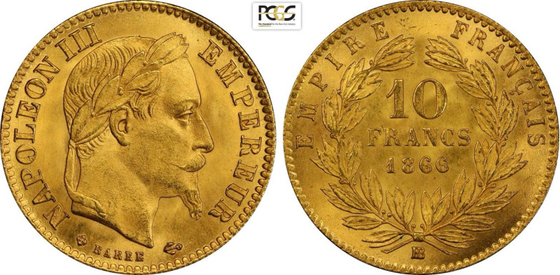 France, Napoleon III (1852-1870), 10 Francs 1866-BB, Strasbourg mint, Au 19 mm 3...