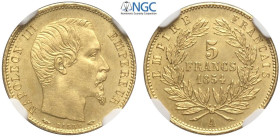 France, Napoleon III (1852-1870), 5 Francs 1854-A, Paris mint, Au 14,4 mm, conservazione eccezionale, in Slab NGC MS66