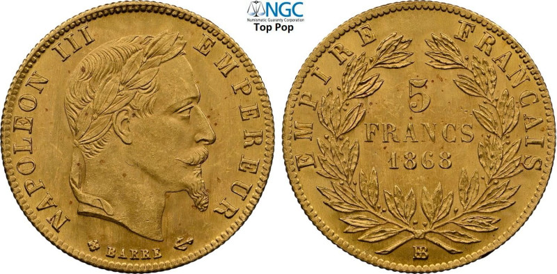 France, Napoleon III (1852-1870), 5 Francs 1868-BB, Strasbourg mint, Au 17 mm 1,...