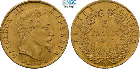 France, Napoleon III (1852-1870), 5 Francs 1868-BB, Strasbourg mint, Au 17 mm 1,61 g, conservazione eccezionale, in Slab NGC MS66 Top Pop! (cert. 6841...