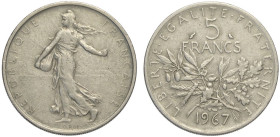 France, Fifth Republic (1958-), 5 Francs 1967 Nickel, Rara Ni 29 mm 10,46 g, BB