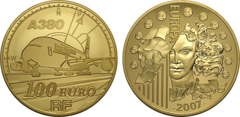 France, Fifth Republic (1958-), 100 Euro 2007 Airbus A380, mintage: 99, Au 50 mm...
