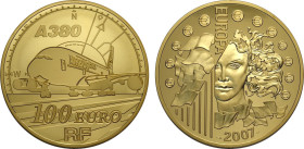 France, Fifth Republic (1958-), 100 Euro 2007 Airbus A380, mintage: 99, Au 50 mm 155,5 g (5 Oz), with original box and certificate number 5 of 99, Pro...