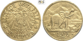 German East Africa, Wilhelm II (1888-1918), 15 Rupien 1916, Tabora mint, short arabesque variety, Mintage: 6395, KM-16.2 Au 22 mm 7,16 g, in Slab PCGS...