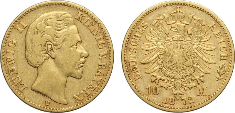 Germany Bavaria, Ludwig II (1864-1886), 10 Mark 1872-D, Munich mint, Au 19,5 mm,...