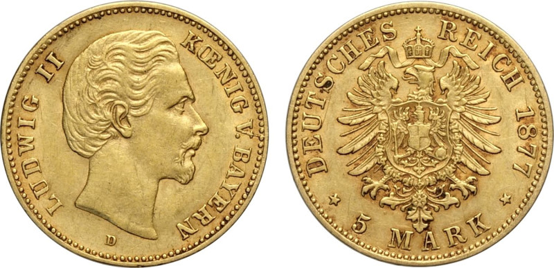 Germany Bavaria, Ludwig II (1864-1886), 5 Mark 1877-D, Munich mint, Au 17 mm, q....