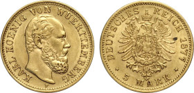 Germany Wurttemberg, Karl I (1864-1891), 5 Mark 1877-F, Stuttgard mint, Au 17 mm, SPL-FDC