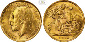 Great Britain, George V (1910-1936), Half Sovereign 1914, London Mint, S-4006 Au 19 mm 3,99 g, in Slab PCGS MS65