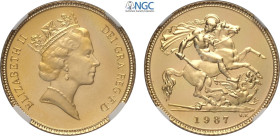 Great Britain, Elizabeth II (1952-2022), Proof Half Sovereign 1987, London Mint, Au 19,3 mm 3,99 g, in Slab NGC PF68 Ultra Cameo