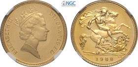Great Britain, Elizabeth II (1952-2022), Proof Half Sovereign 1988, London Mint, Au 19,3 mm 3,99 g, in Slab NGC PF67 Ultra Cameo
