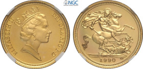 Great Britain, Elizabeth II (1952-2022), Proof Half Sovereign 1990, London Mint, Au 19,3 mm 3,99 g, in Slab NGC PF69 Ultra Cameo