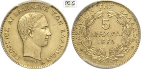 Greece, George I (1863-1913), 5 Drachmai 1876-A, Paris mint, Au 17 mm 1,61 g, in Slab PCGS AU58