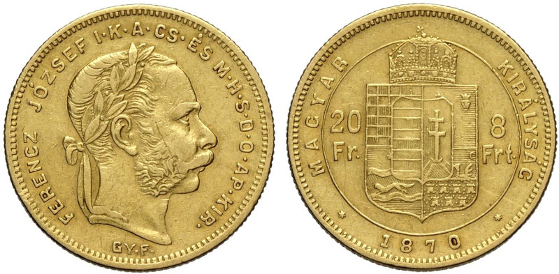 Hungary, Franz Joseph I (1848-1916), 20 Francs 8 Forint 1870-GYF, Alba Iulia min...