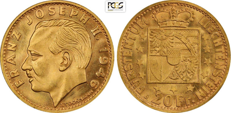 Liechtenstein, Franz Josef II (1938-1990), 20 Franken 1946-B, Bern Mint, Au 21 m...