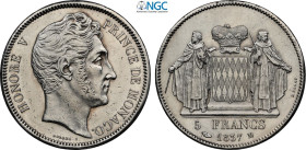 Monaco, Honore V (1819-1841), 5 Francs 1837-M, Monaco mint, Ag 37 mm 25 g, in Slab NGC UNC-cleaned