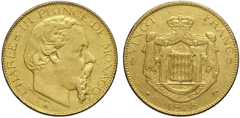 Monaco, Charles III (1856-1889), 20 Francs 1878-A, Paris mint, Au 21 mm 6,43 g, ...